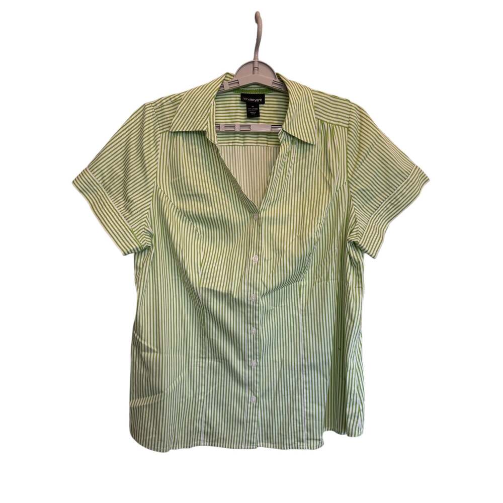 Lane Bryant Women’s Size 18 Green White Striped Short Sleeve Button Up Shirt - Picture 3 of 6